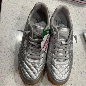 BOBS by Skechers Memory Foam Silver Shimmer Lace up Tennis shoes Vegan sz 10 NWT